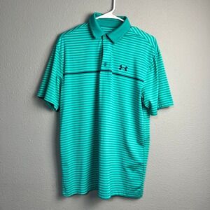 Under Armour Md Playoff Polo Collared Shirt Teal Stripe Golf Athletic Athleisure